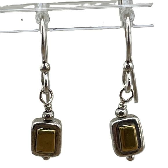 Two Tone Dangle Drop Earrings Silver and Gold Ear Pierced Hook Jewelry - Picture 1 of 4